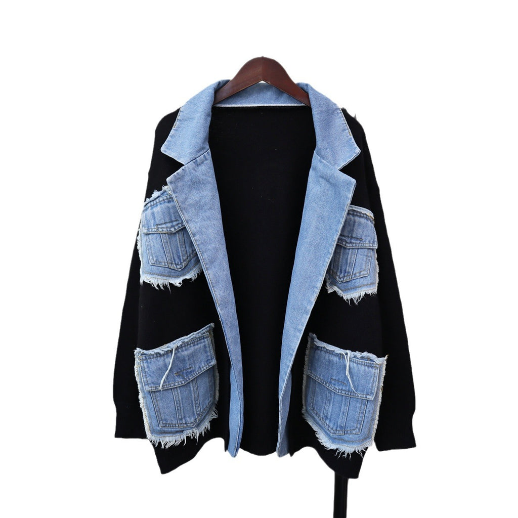 Women's Patchwork Cardigan Sweater | Flip Collar, One Size, 3 Colors