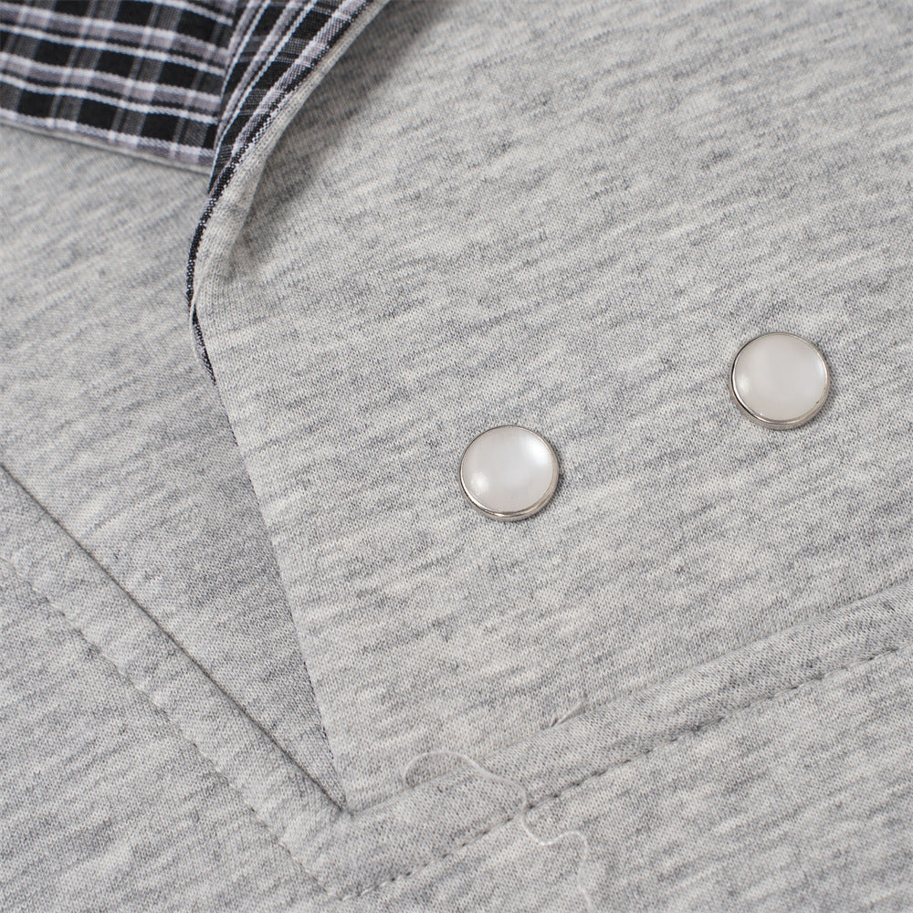 Faux Two-Piece Cross Collar Sweatshirt | Button Detail, Grid Pattern - Gray