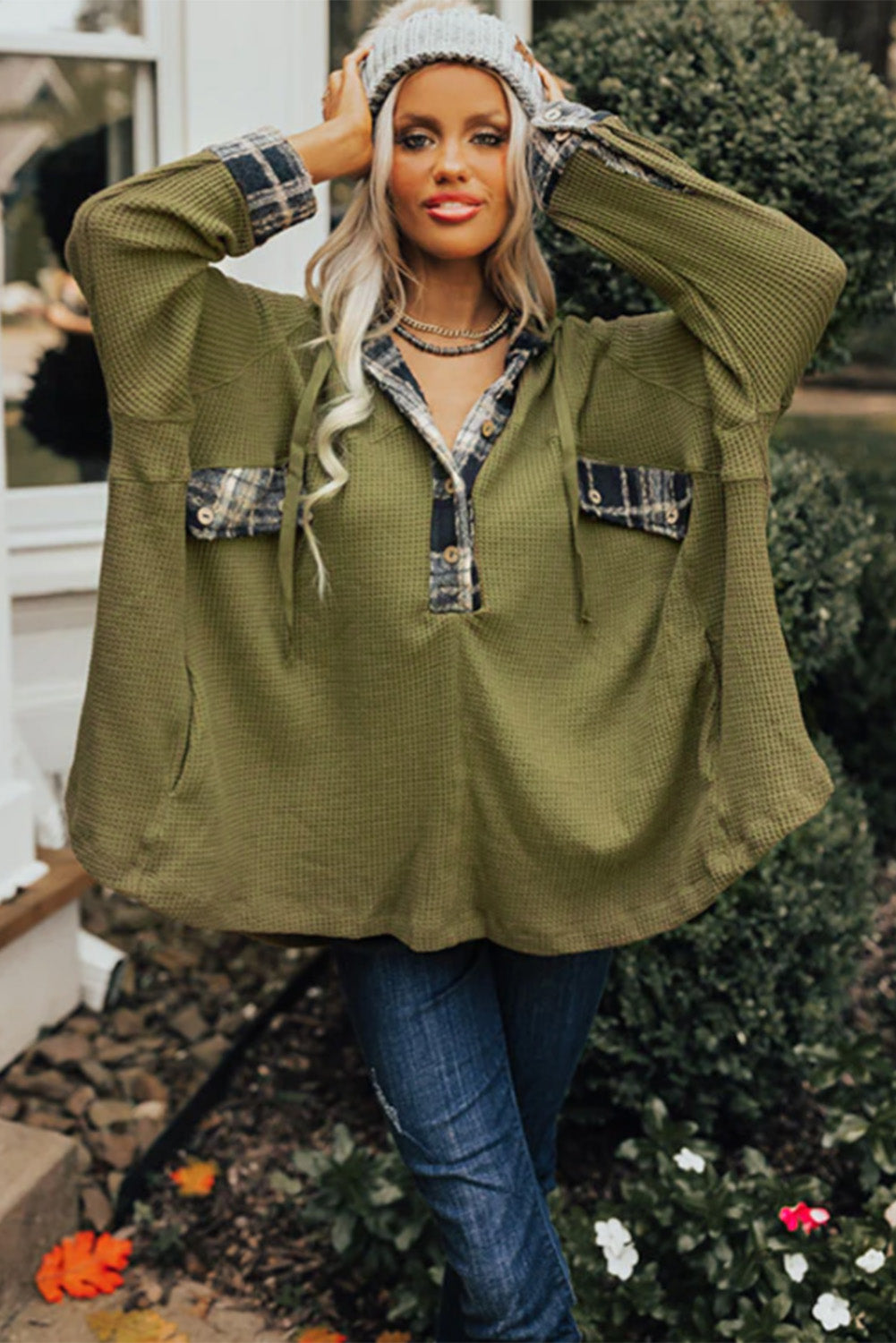 Women's Green Waffle Knit Henley Hoodie | Oversized, Plaid Trim