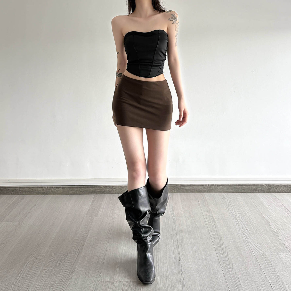 Women's Brown Bodycon Mini Skirt | Stretch Polyester