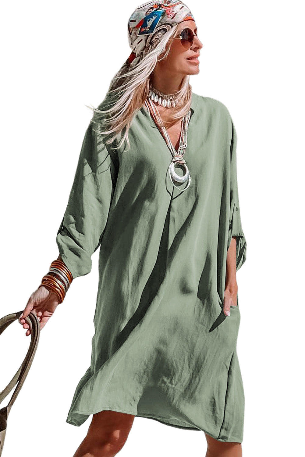 Women's Green Roll-Tab Sleeve Dress | Notched V-Neck, Flowy