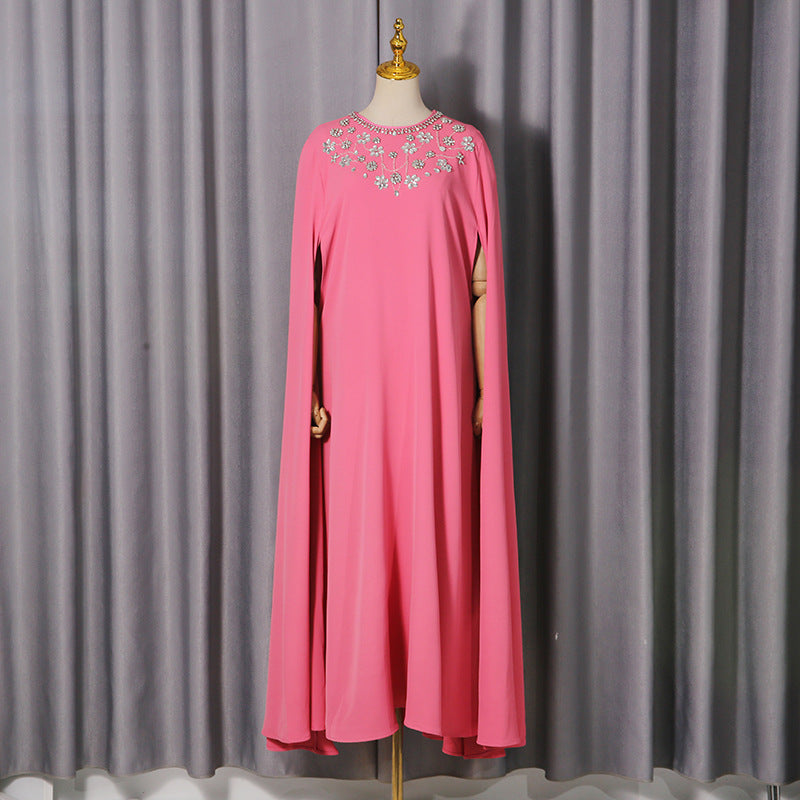 Women's Pink Cape Dress | Long-Sleeve with Rhinestone Detail, One Size