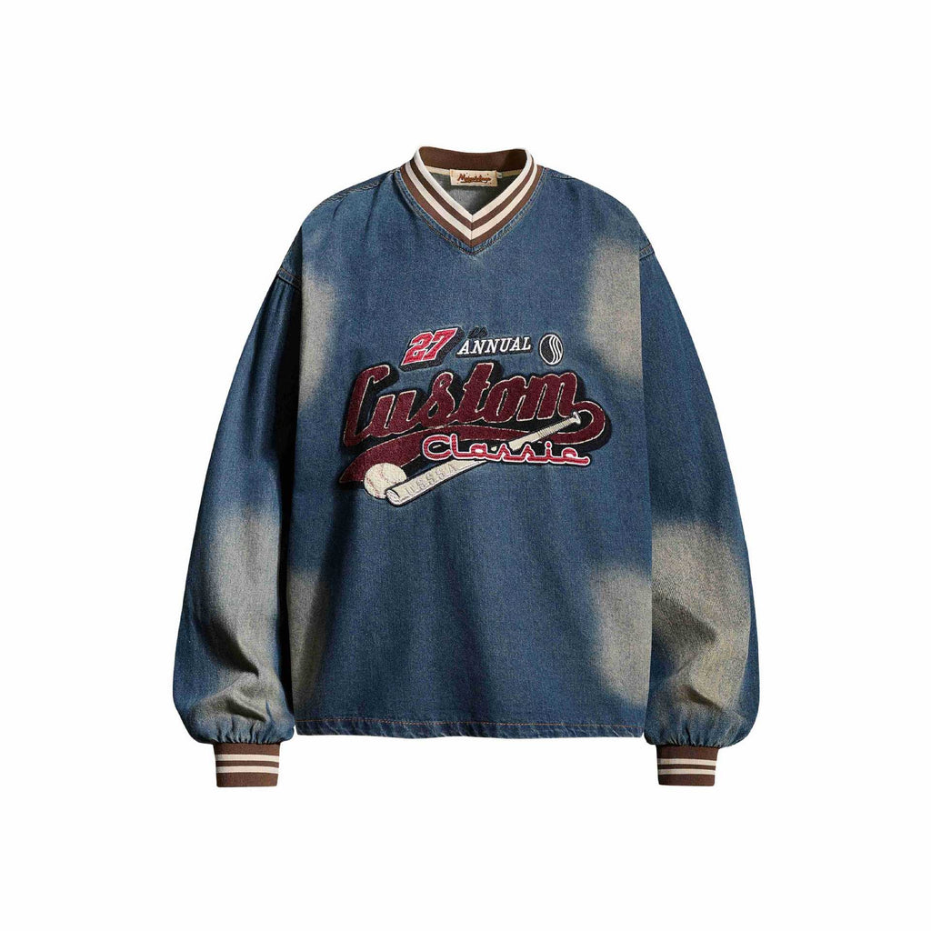 Women's Blue Distressed Embroidered Letter Hoodie | Cotton, Loose Fit