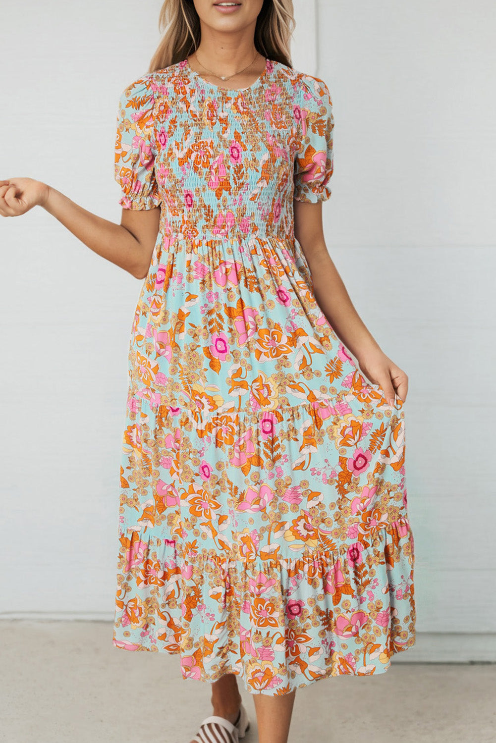 Women's Sky Blue Floral Smocked Ruffle Dress | Bubble Sleeves