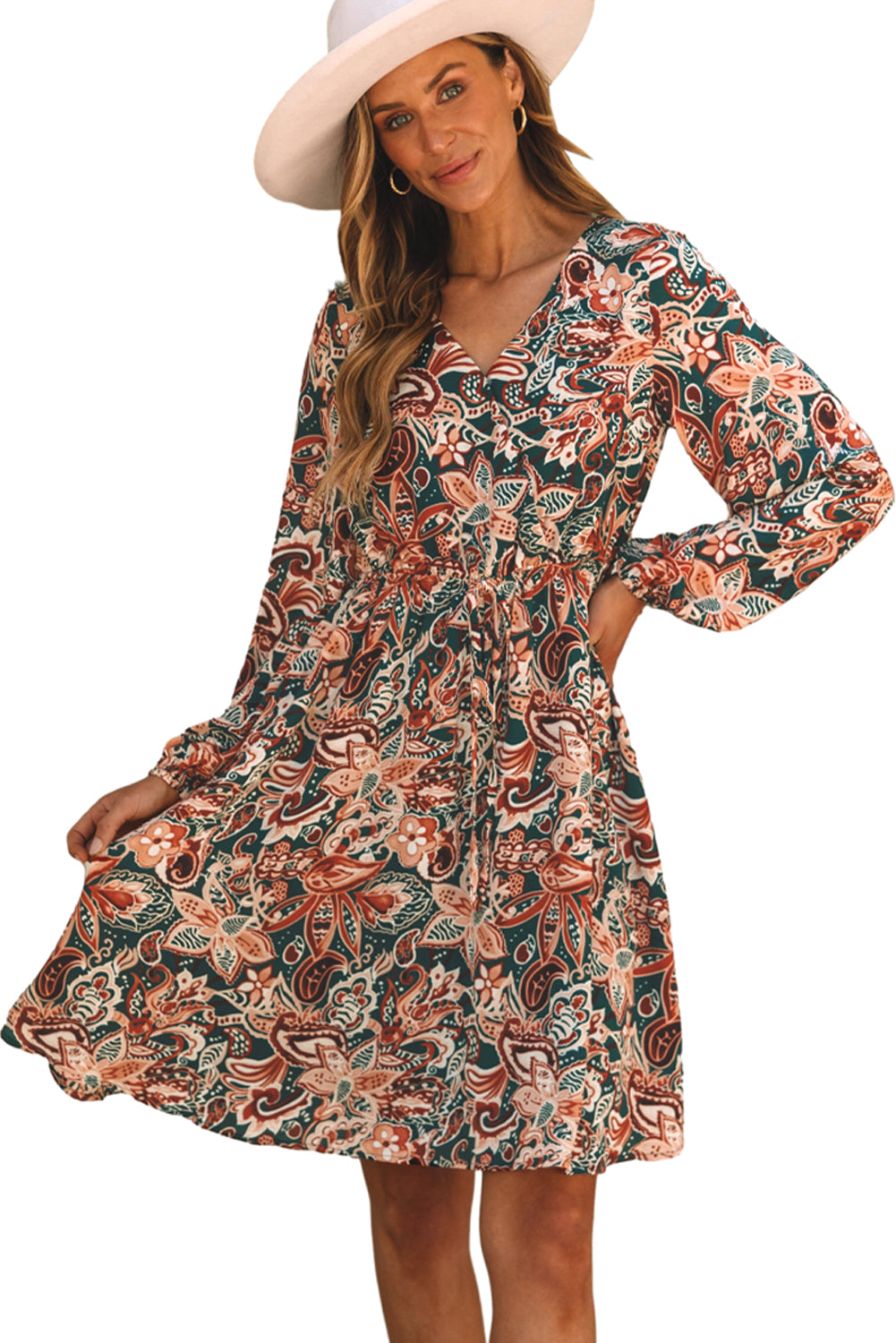 Women's Brown Geometric Print Surplice Dress | Long-Sleeve Flowy Dress