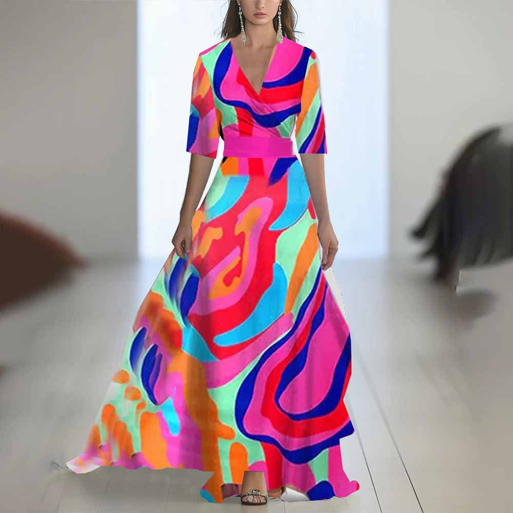 Women's Floral Print Long Sleeve Maxi Dress | A-Line, 10 Colors - Blue with red flowers