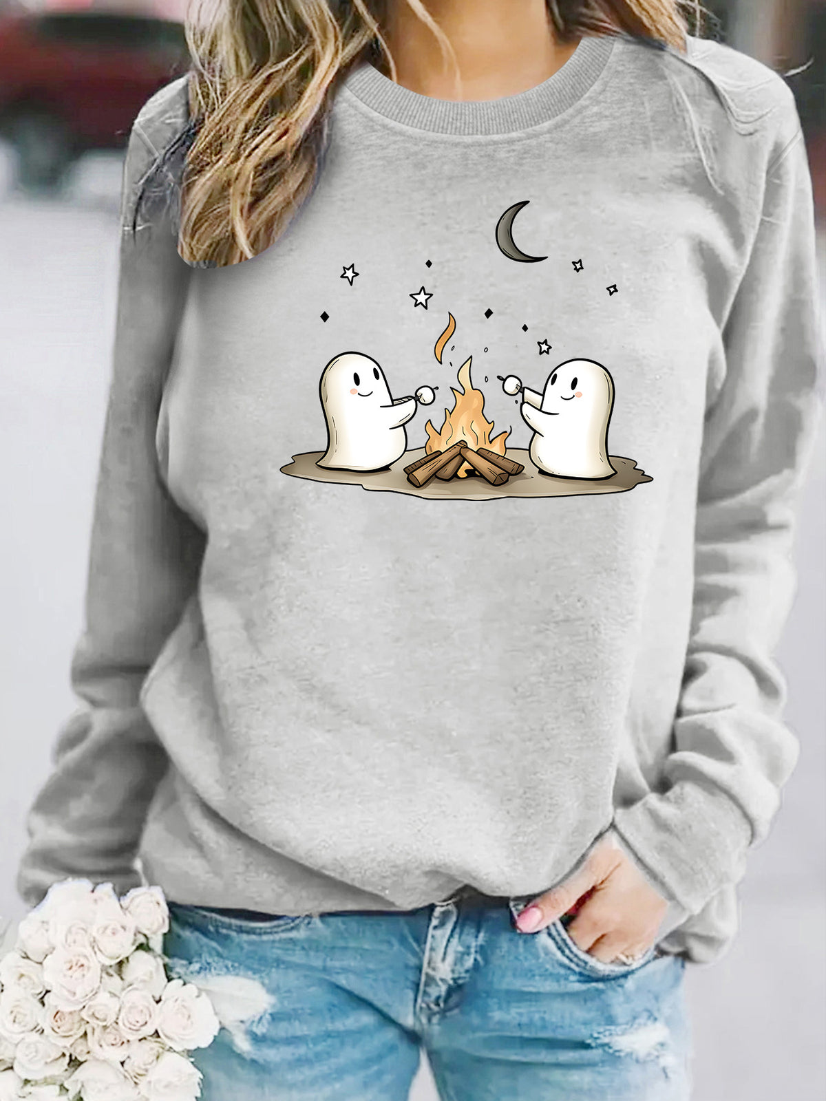 Printed Round-Neck Fleece Hoodie for Women - Pink