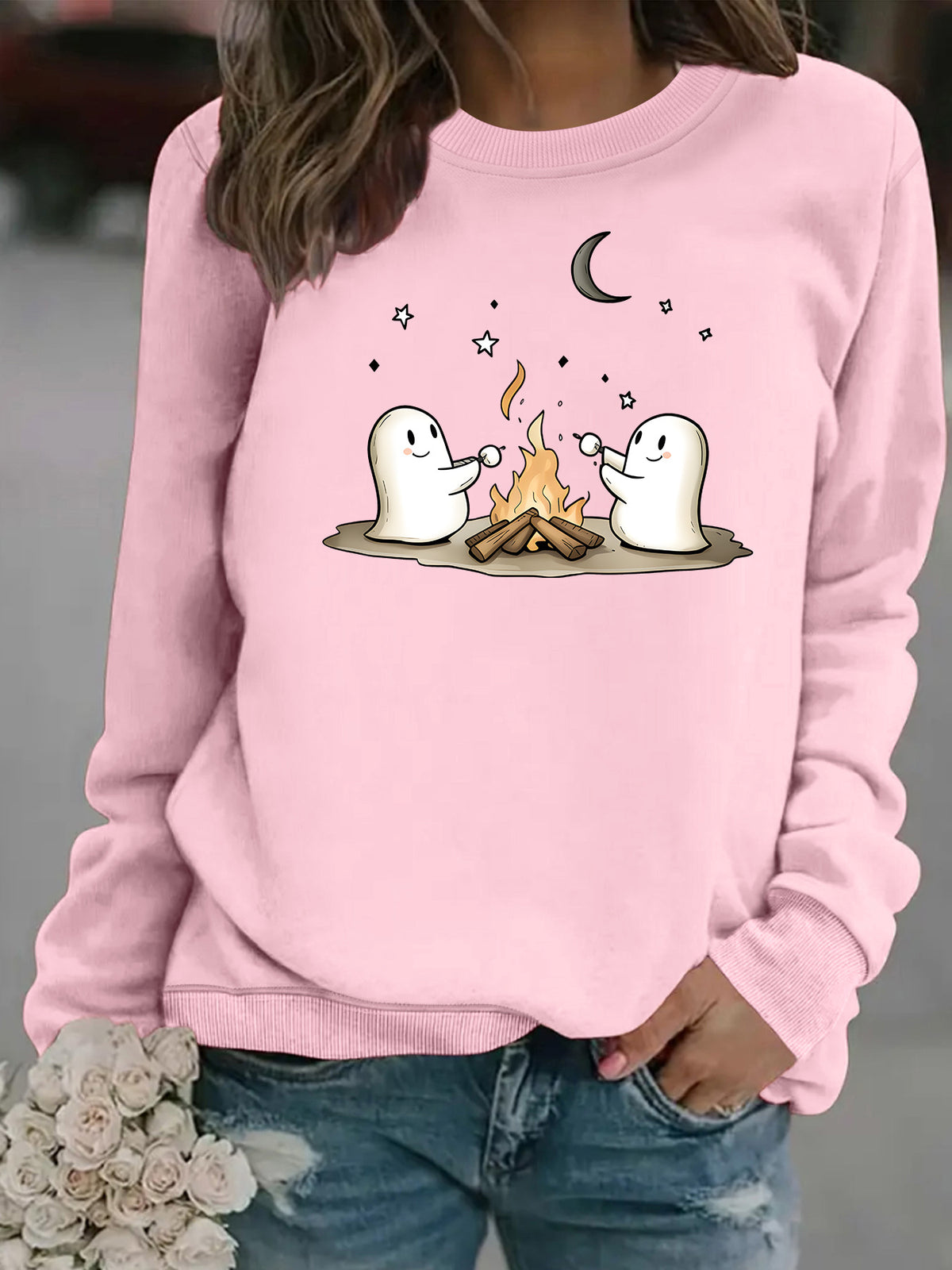 Printed Round-Neck Fleece Hoodie for Women - Tangerine