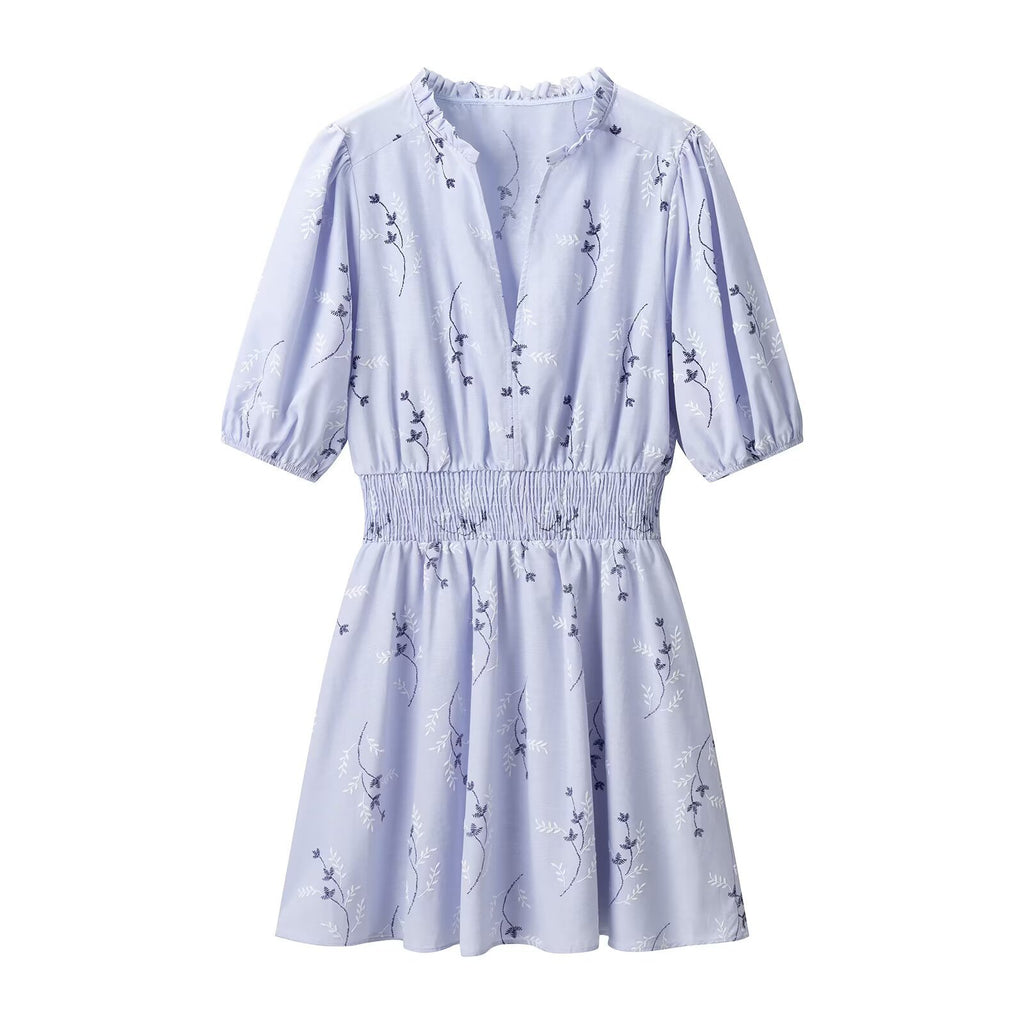Women's Blue Floral V-Neck Midi Dress | Fitted High Waist