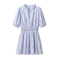 Women's Blue Floral V-Neck Midi Dress | Fitted High Waist
