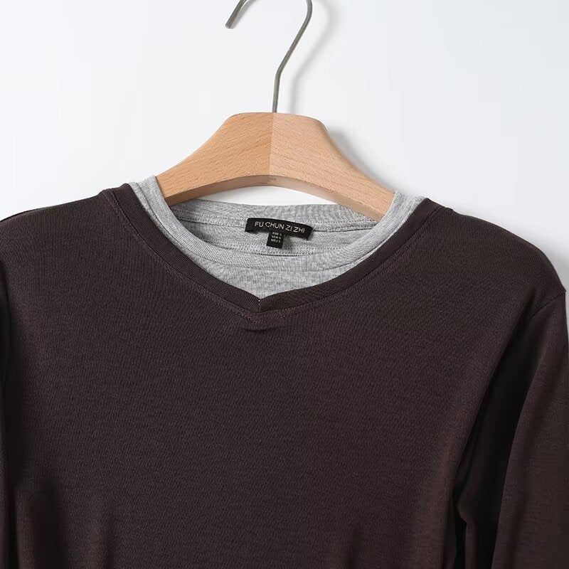 Double-Layer Collar Slim Fit Long Sleeve Top | Faux Two-Piece