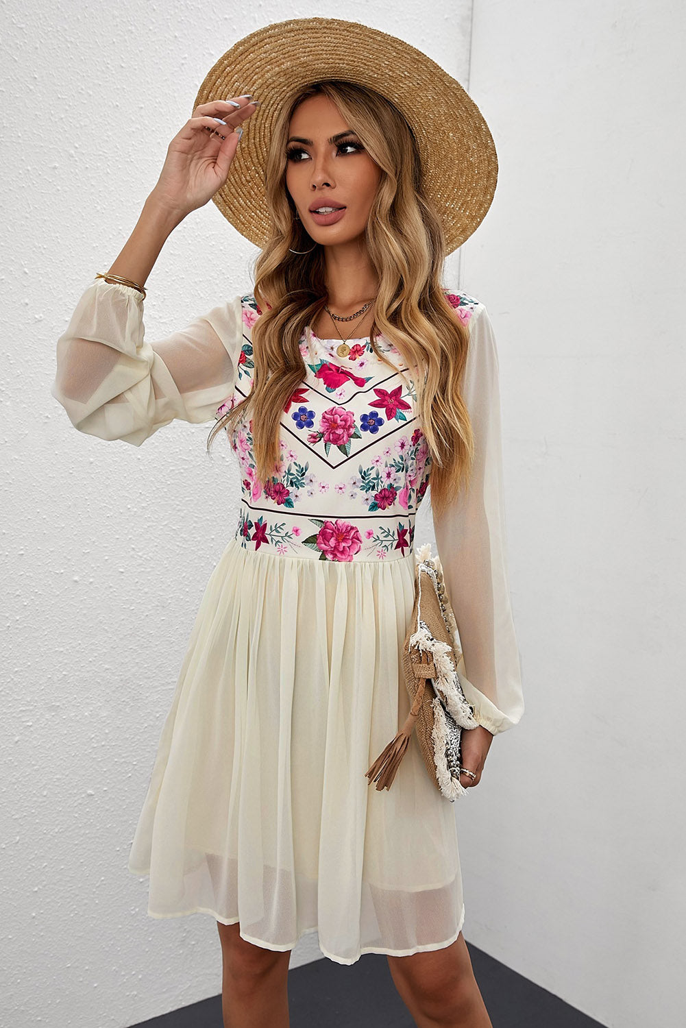 Women's White Floral Mesh Dress | Long-Sleeve, Fully Lined