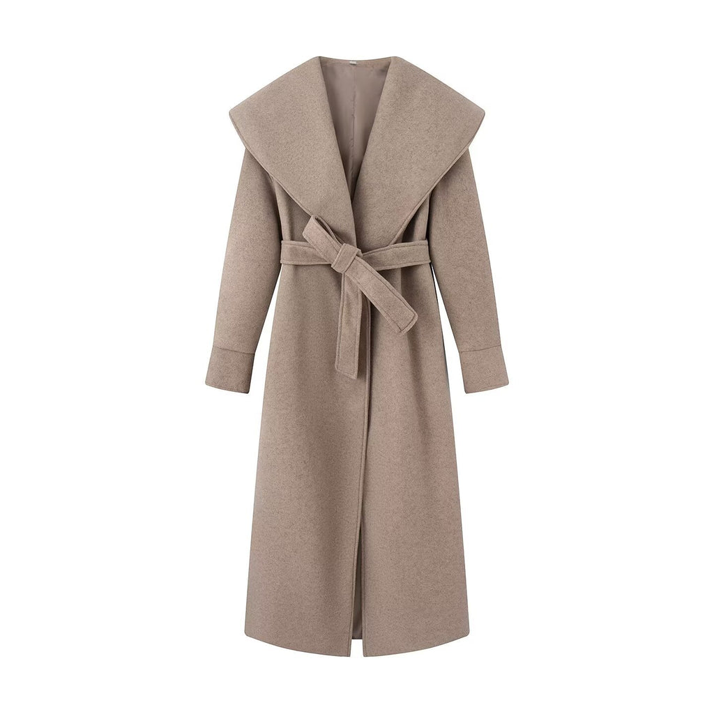 Women's Faux Wool Belted Coat | Turn-Down Collar, 3 Colors - Khaki
