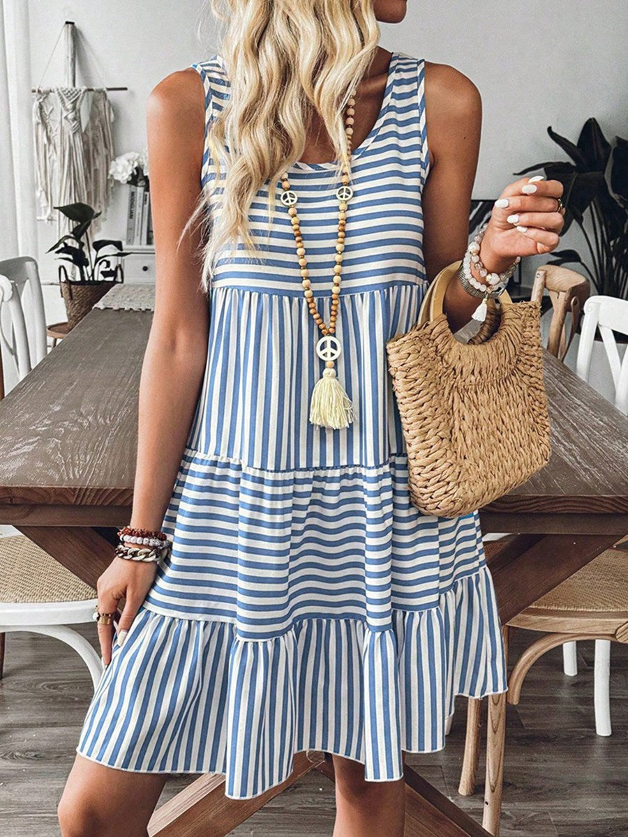 Women's Striped Sleeveless Midi Dress | Loose Fit, Brown or Blue - Brown