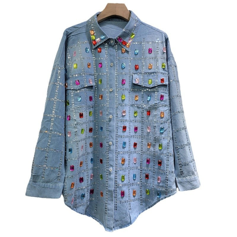 Women's Blue Denim Shirt Jacket | Polo Collar, One Size