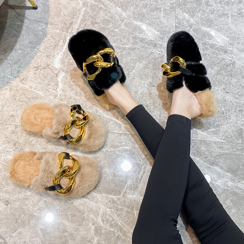 Women's Fluffy Slingback Flats | Gold Chain Detail, Round Toe