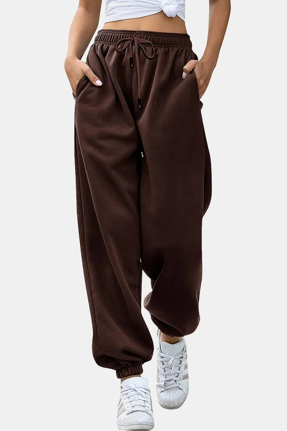 Women's High-Waist Drawstring Joggers | Pockets, Black/Gray/Tan