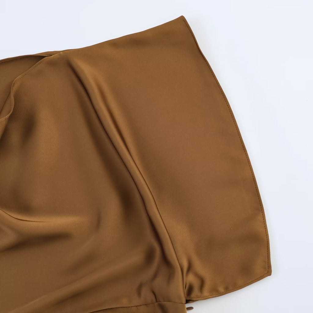 Women's Satin Asymmetric Layered Dress | Long Sleeve, Dark Brown