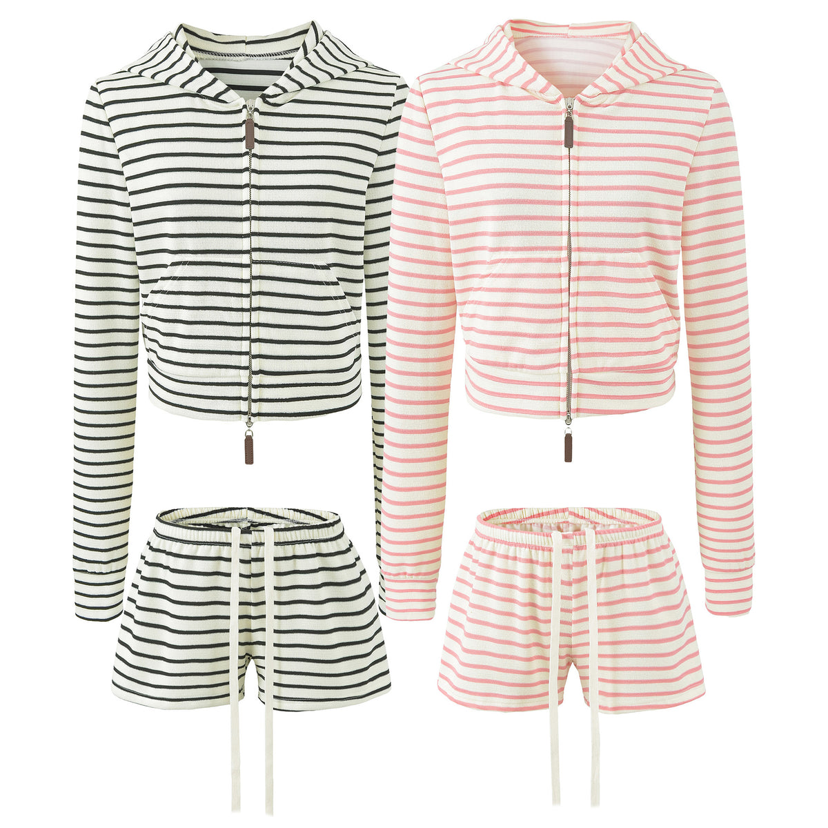 Women's Striped Hooded Jacket & Wide Leg Shorts Set | Relaxed Fit