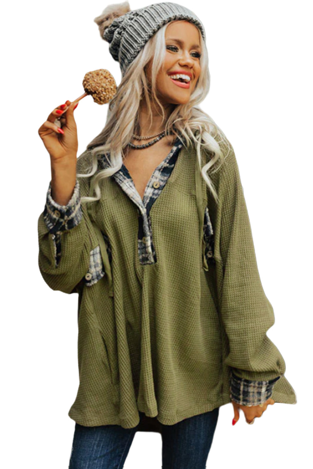 Women's Green Waffle Knit Henley Hoodie | Oversized, Plaid Trim
