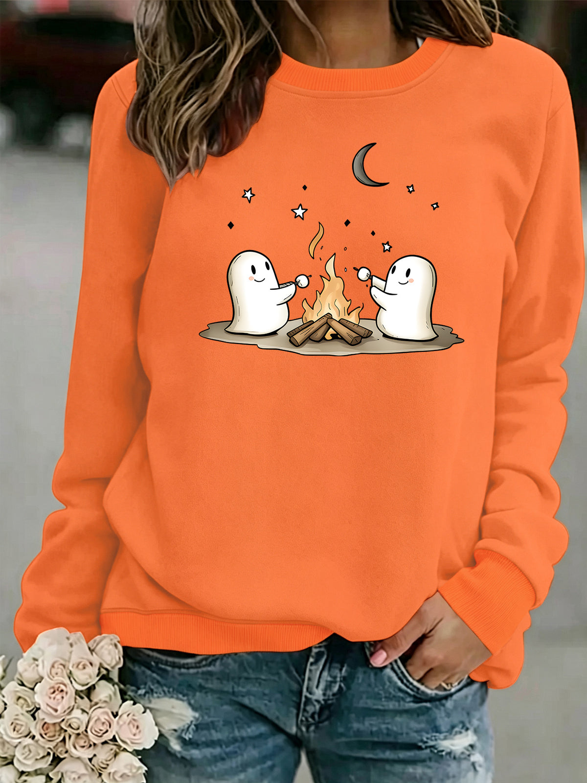Printed Round-Neck Fleece Hoodie for Women - Olive Green
