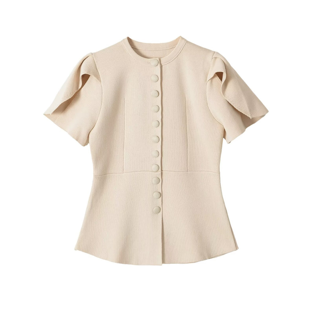 Women's Puff Sleeve Knit Sweater Jacket | Round Neck, 2 Colors - Light Khaki