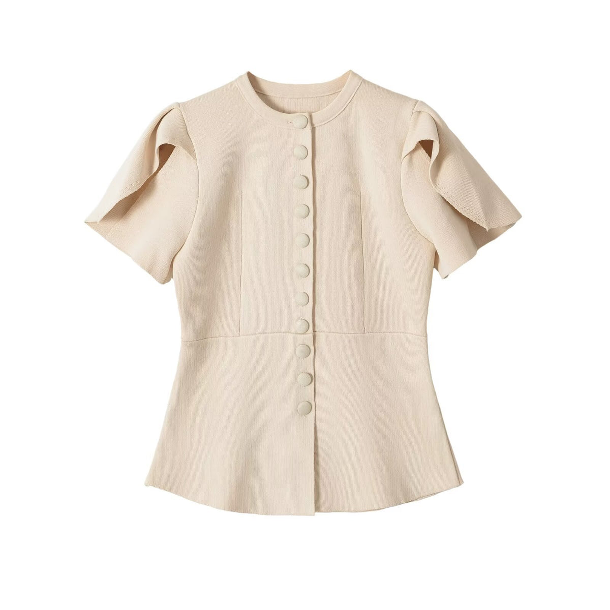 Women's Puff Sleeve Knit Sweater Jacket | Round Neck, 2 Colors - Light Khaki