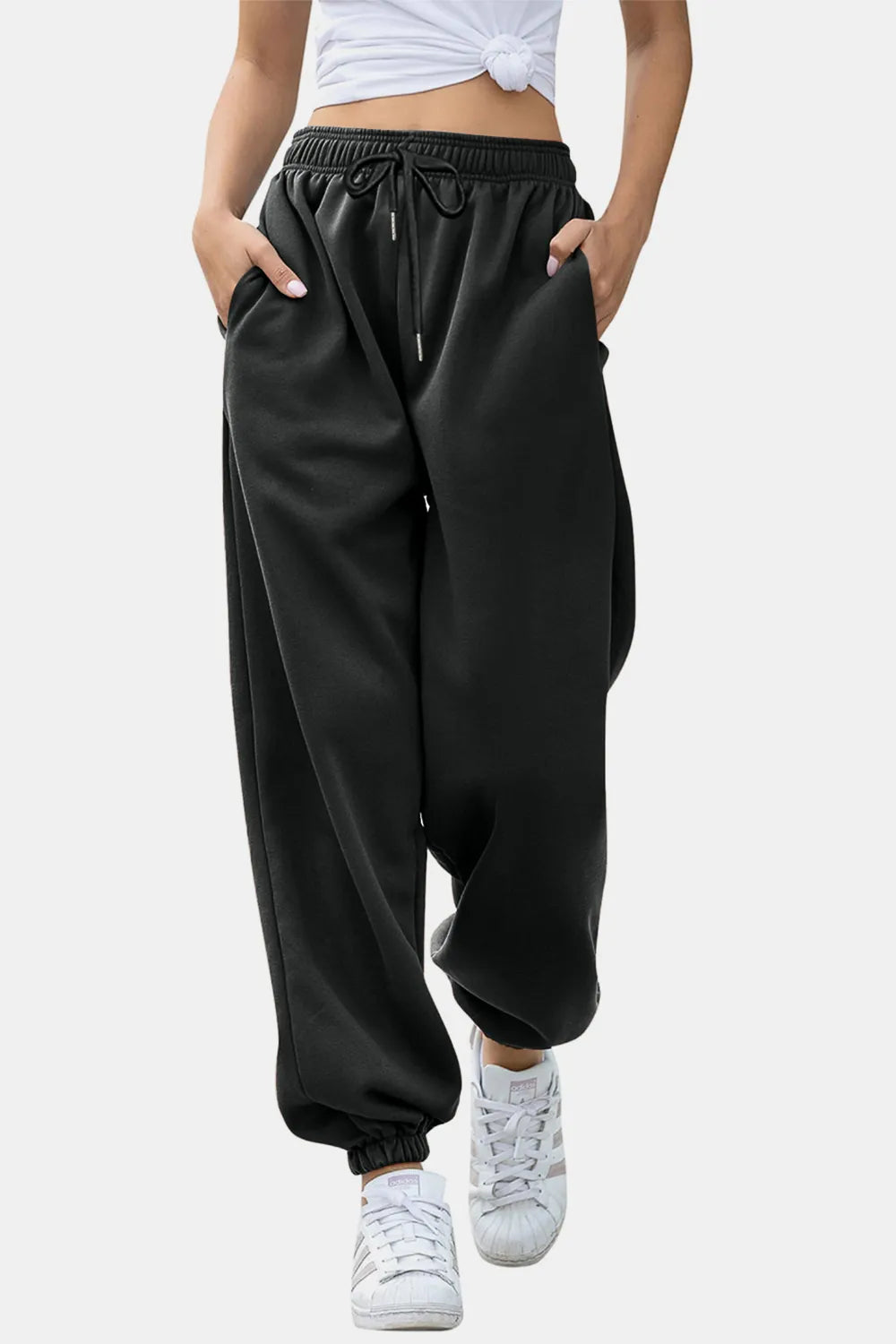 Women's High-Waist Drawstring Joggers | Pockets, Black/Gray/Tan