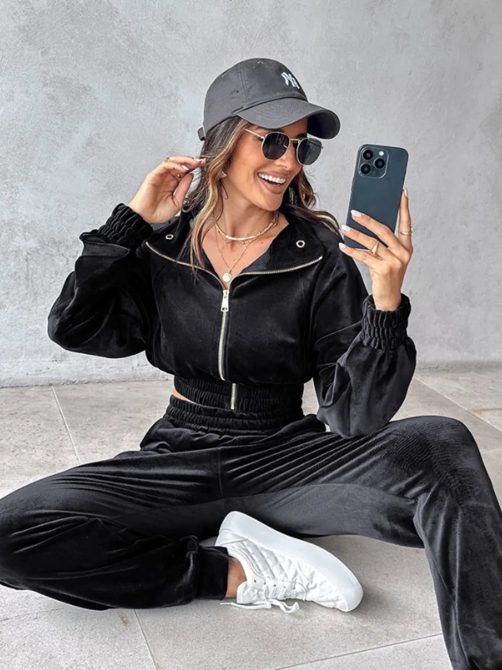 Zip Up Long Sleeve Cropped Top and Joggers Set - Black