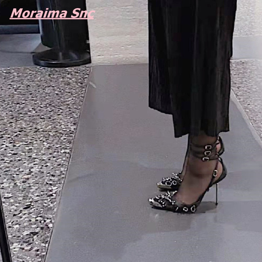 Women's Mesh Pointed Toe Stiletto Sandals | Ankle Strap, Buckle