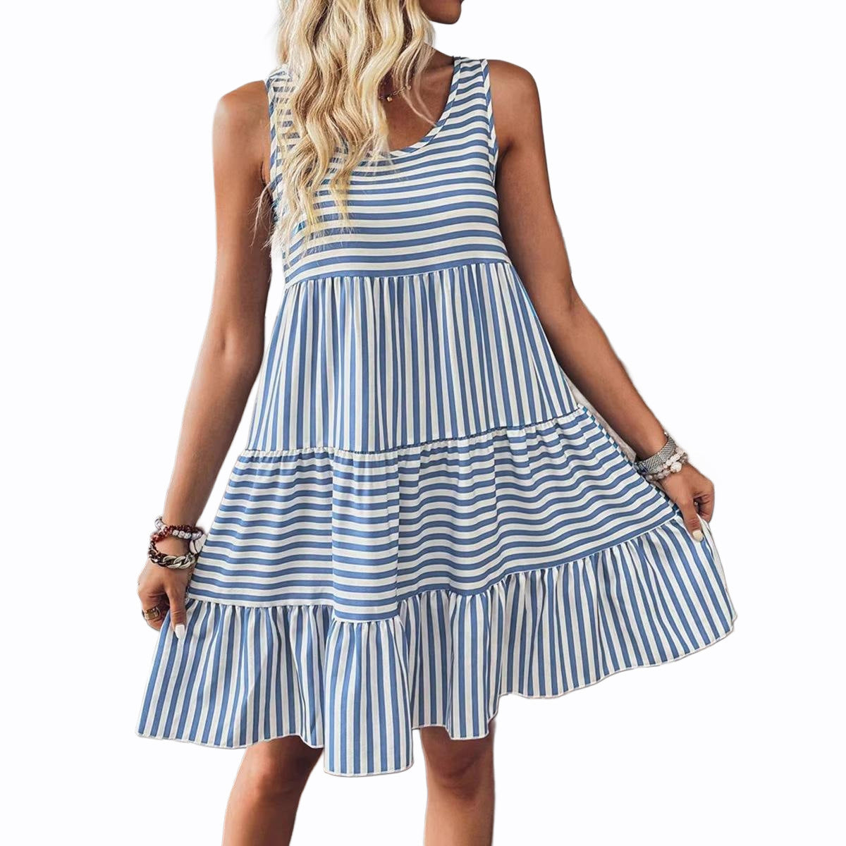 Women's Striped Sleeveless Midi Dress | Loose Fit, Brown or Blue