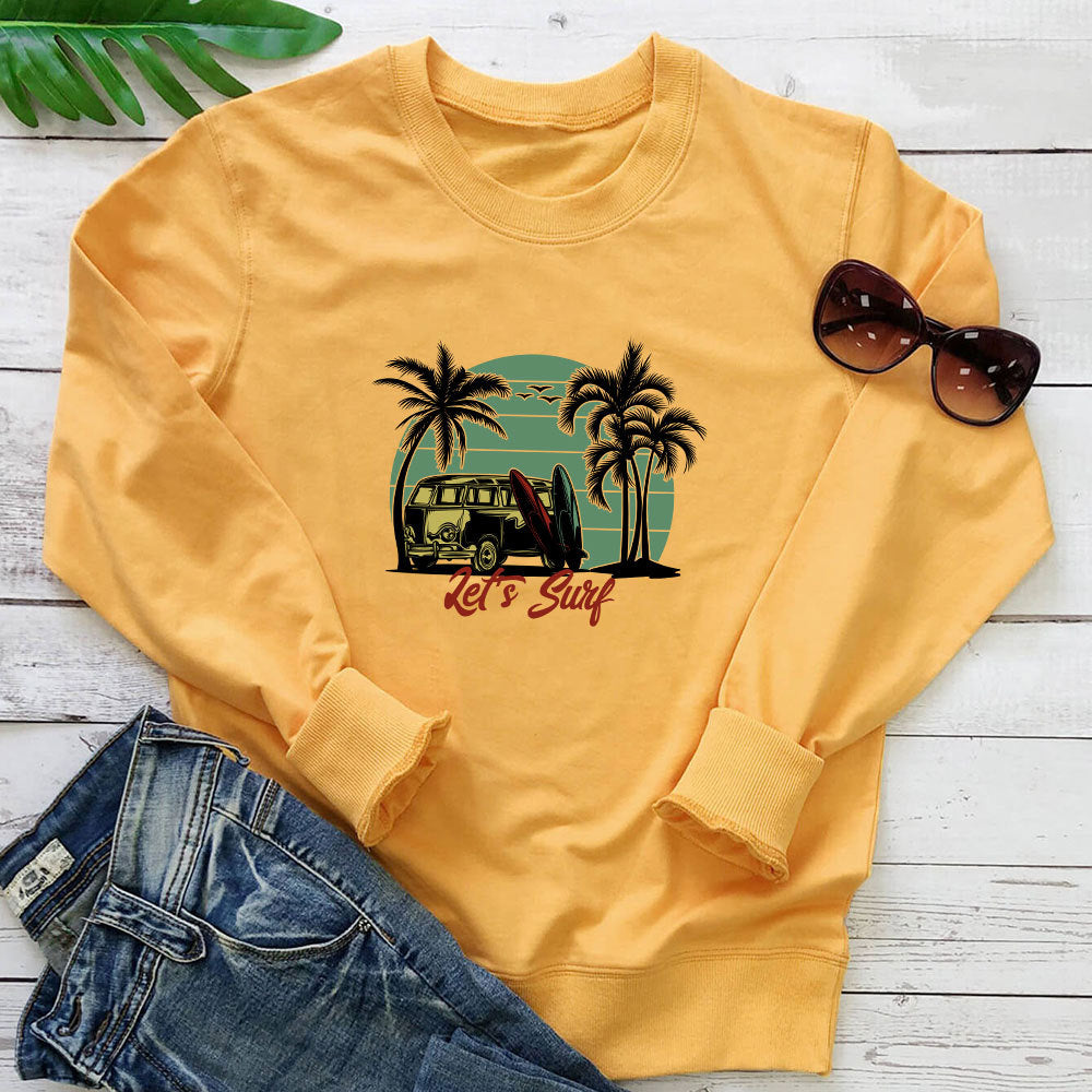 Bus Print Graphic Sweatshirt for Women | Loose Cotton Crewneck