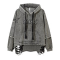 Women's Gray Distressed Print Hoodie | Cotton Blend, Loose Fit