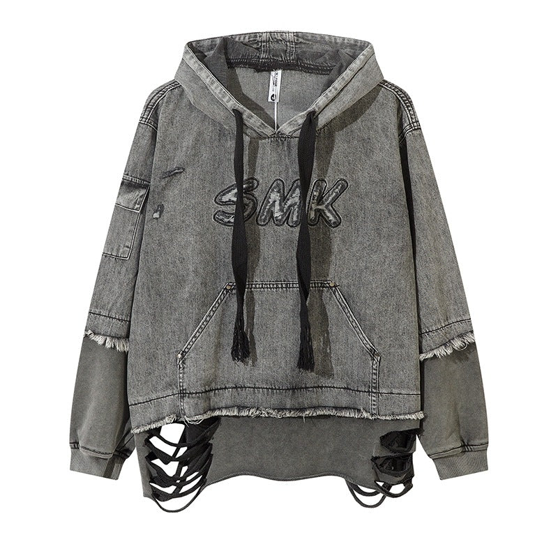 Women's Gray Distressed Print Hoodie | Cotton Blend, Loose Fit