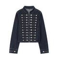 Women's Long Sleeve Denim Jacket | Stand Collar, Button Trim - Black