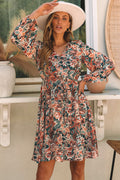 Women's Brown Geometric Print Surplice Dress | Long-Sleeve Flowy Dress