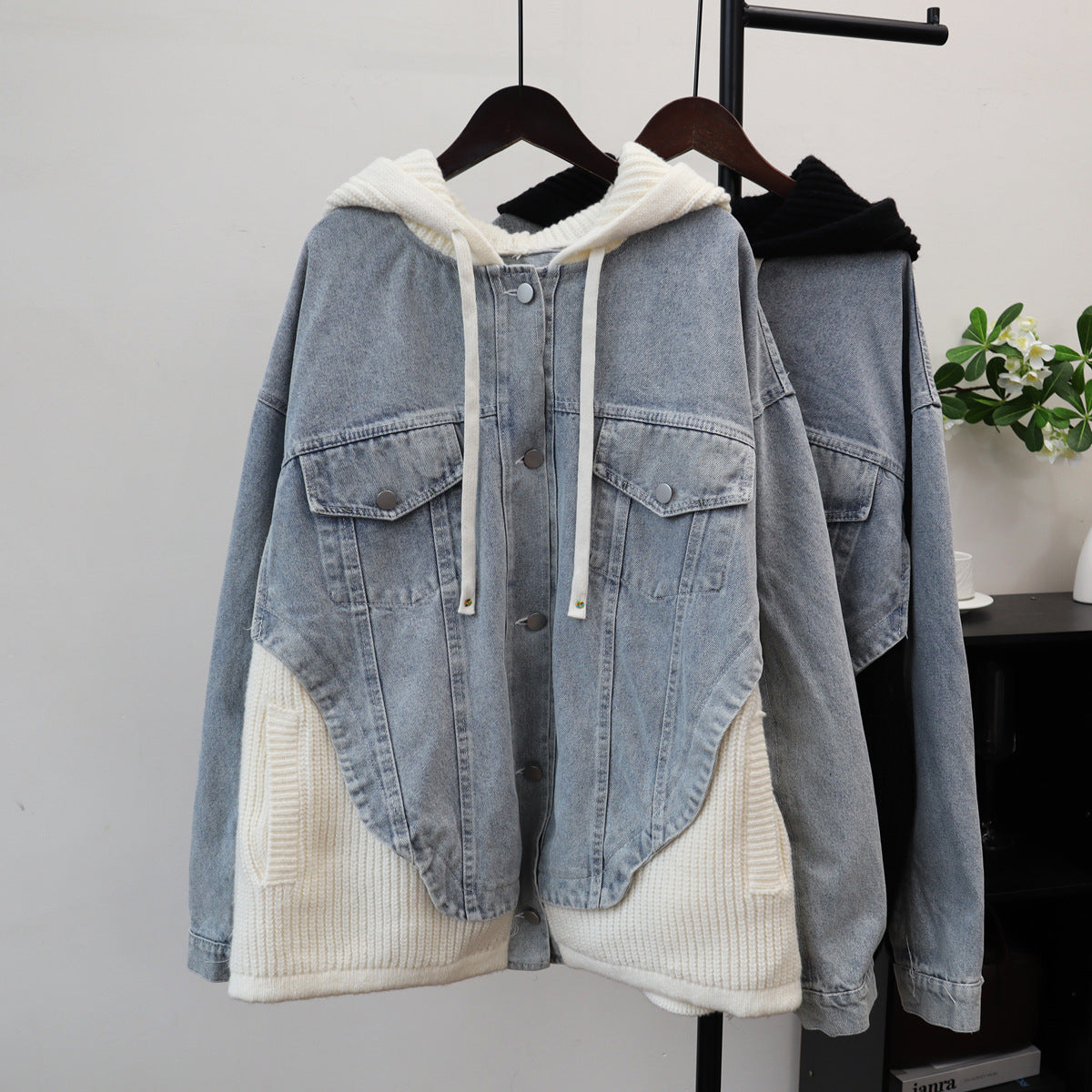 Women's Loose Hooded Cardigan Jacket | Button Front, Off-White & Black