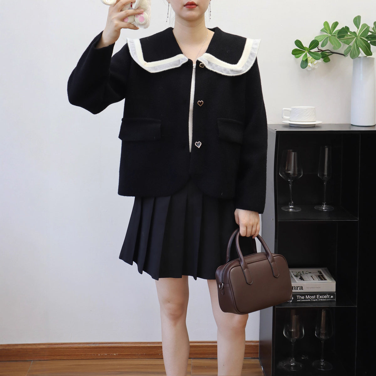 Women's Doll Collar Heart Pattern Jacket | Single-Breasted, One Size