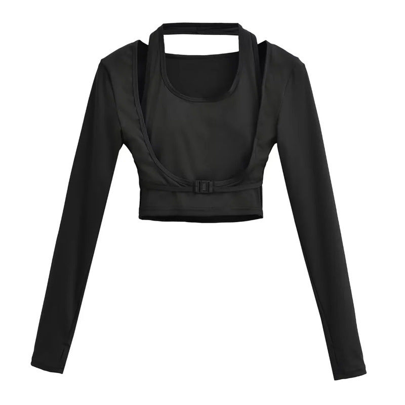 Women's Long Sleeve Faux Two-Piece Halter Top | Slim Fit, 3 Colors