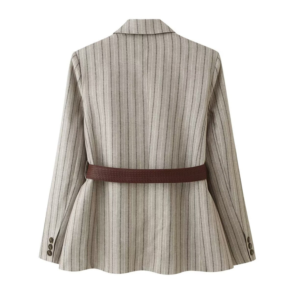 Women's Herringbone Belted Suit Jacket | Single-Breasted, Stripe