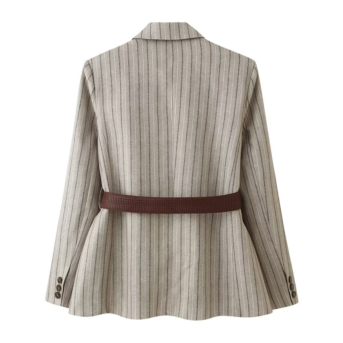 Women's Herringbone Belted Suit Jacket | Single-Breasted, Stripe