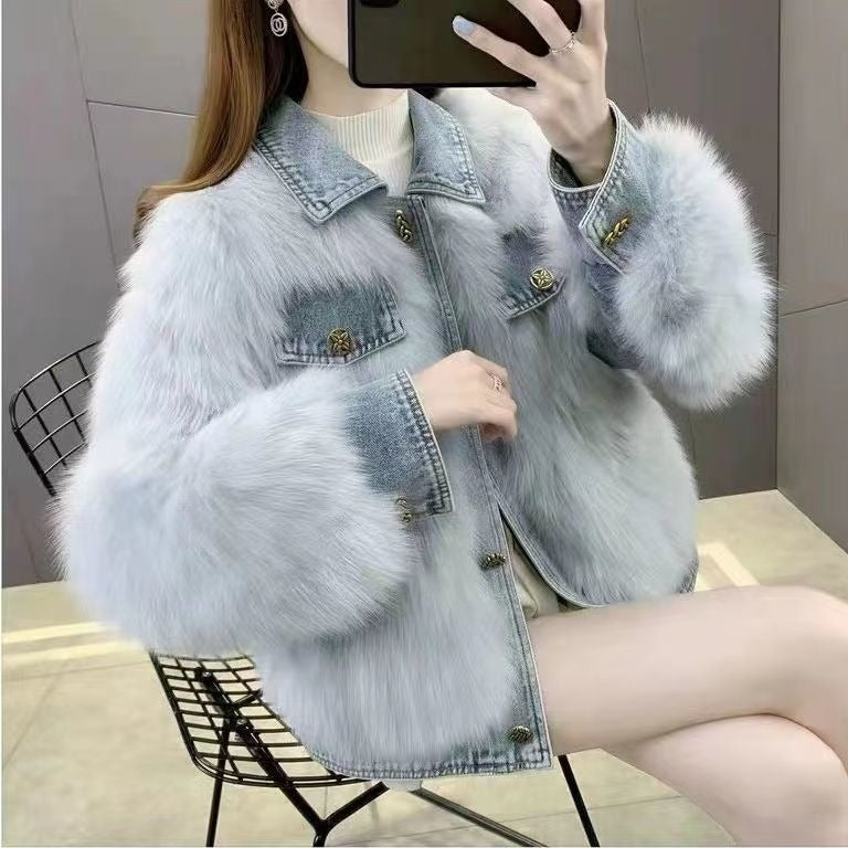Women's Denim Patchwork Jacket | Square Collar, 3/4 Sleeve