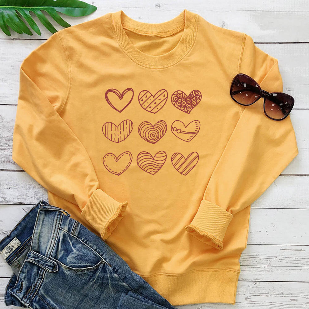 Women's Heart Print Cotton Sweatshirt | Loose Fit, Long Sleeve