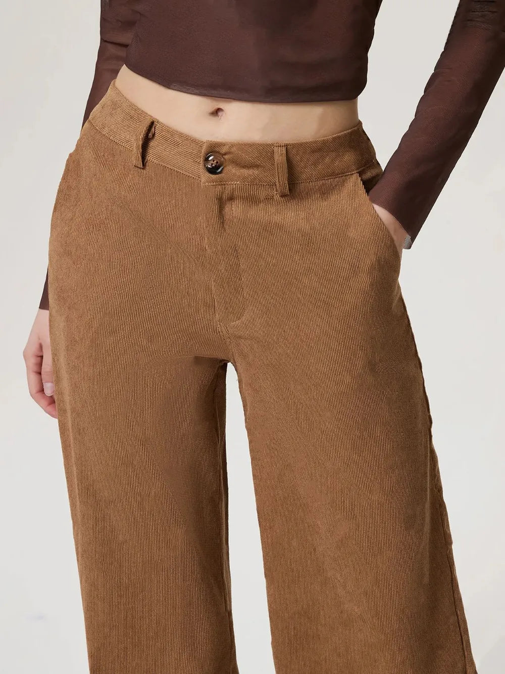 Women's Camel Wide Leg Pants | Buttoned, with Pockets