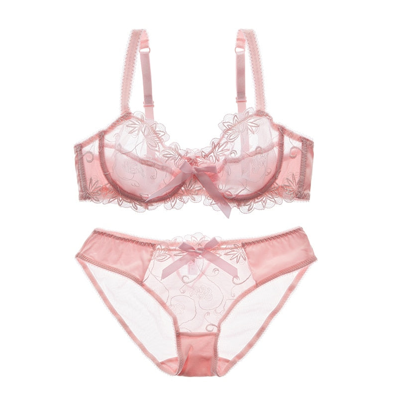 Women's Floral Embroidered Bra & Panty Set | Sheer Underwire, 3/4 Cup - Pink