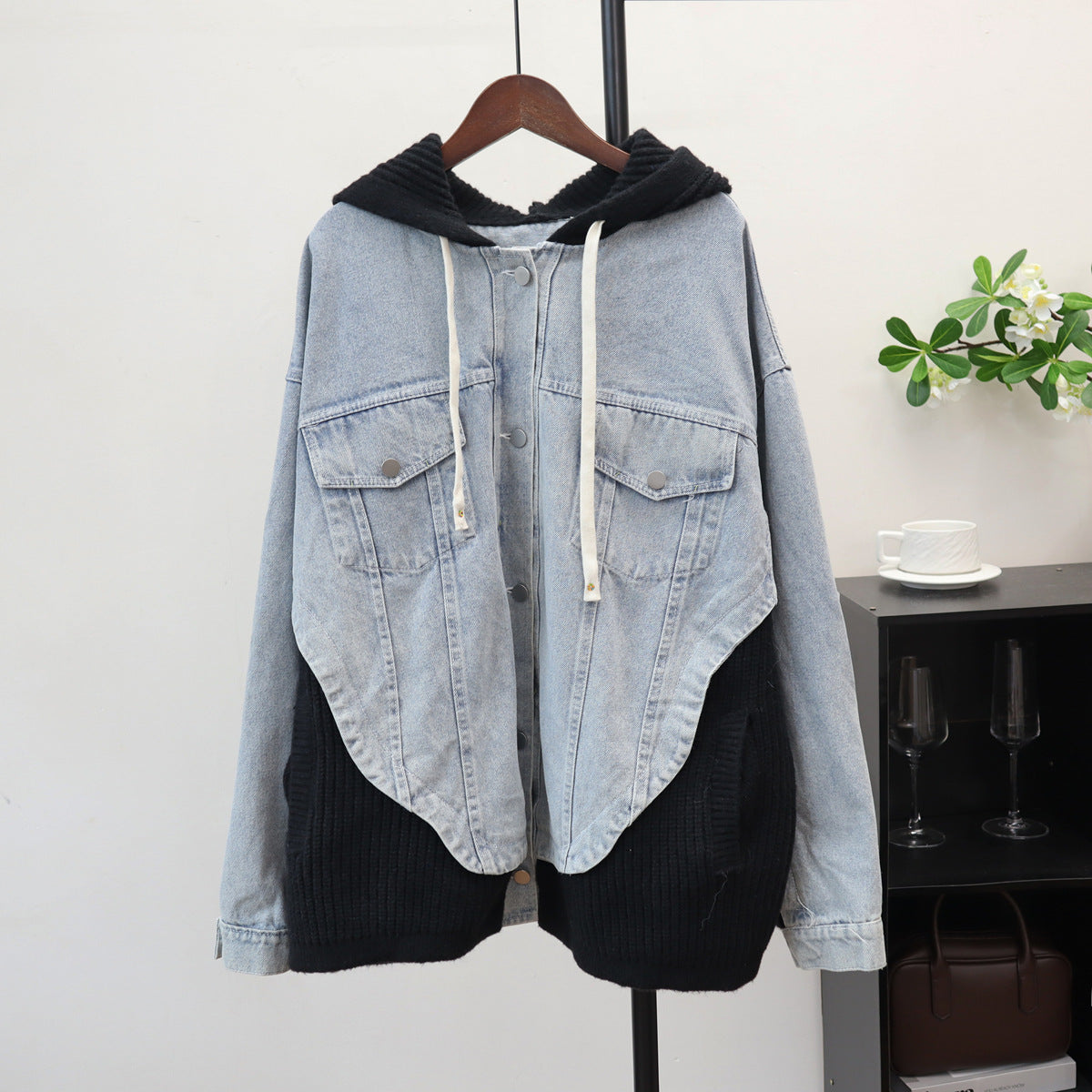 Women's Loose Hooded Cardigan Jacket | Button Front, Off-White & Black
