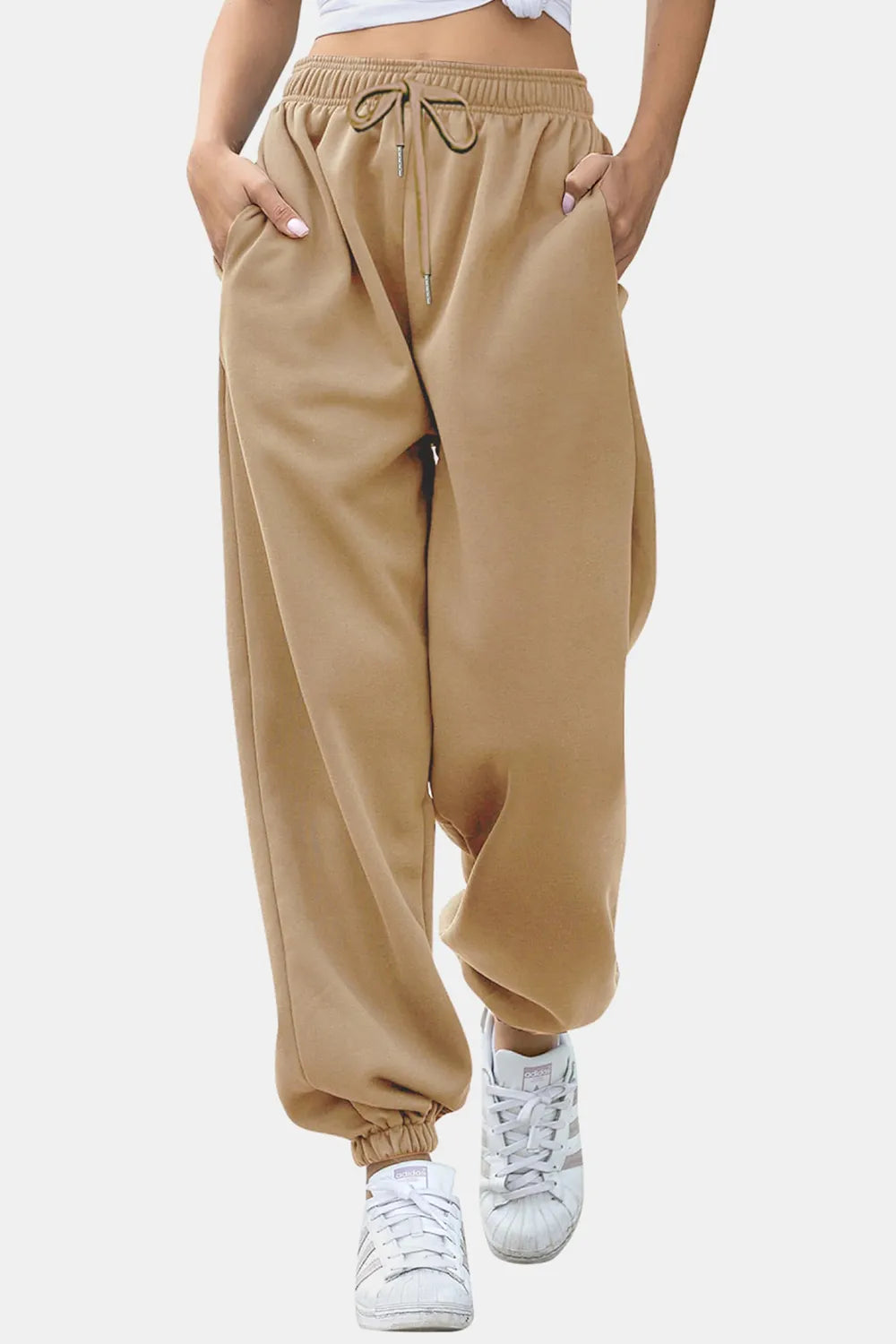 Women's High-Waist Drawstring Joggers | Pockets, Black/Gray/Tan