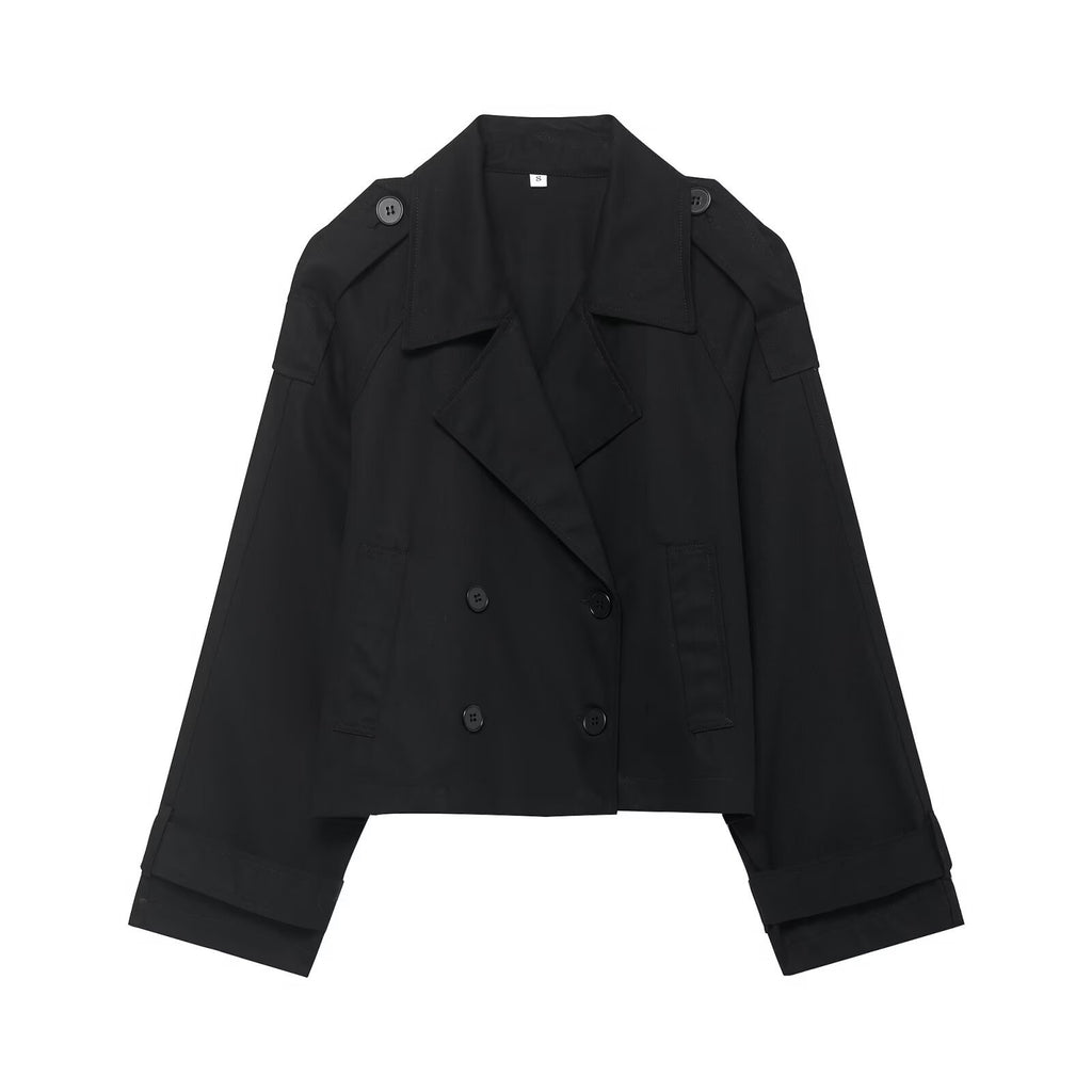 Women's Double-Breasted Cropped Windbreaker | Oversized, 2 Colors - Black