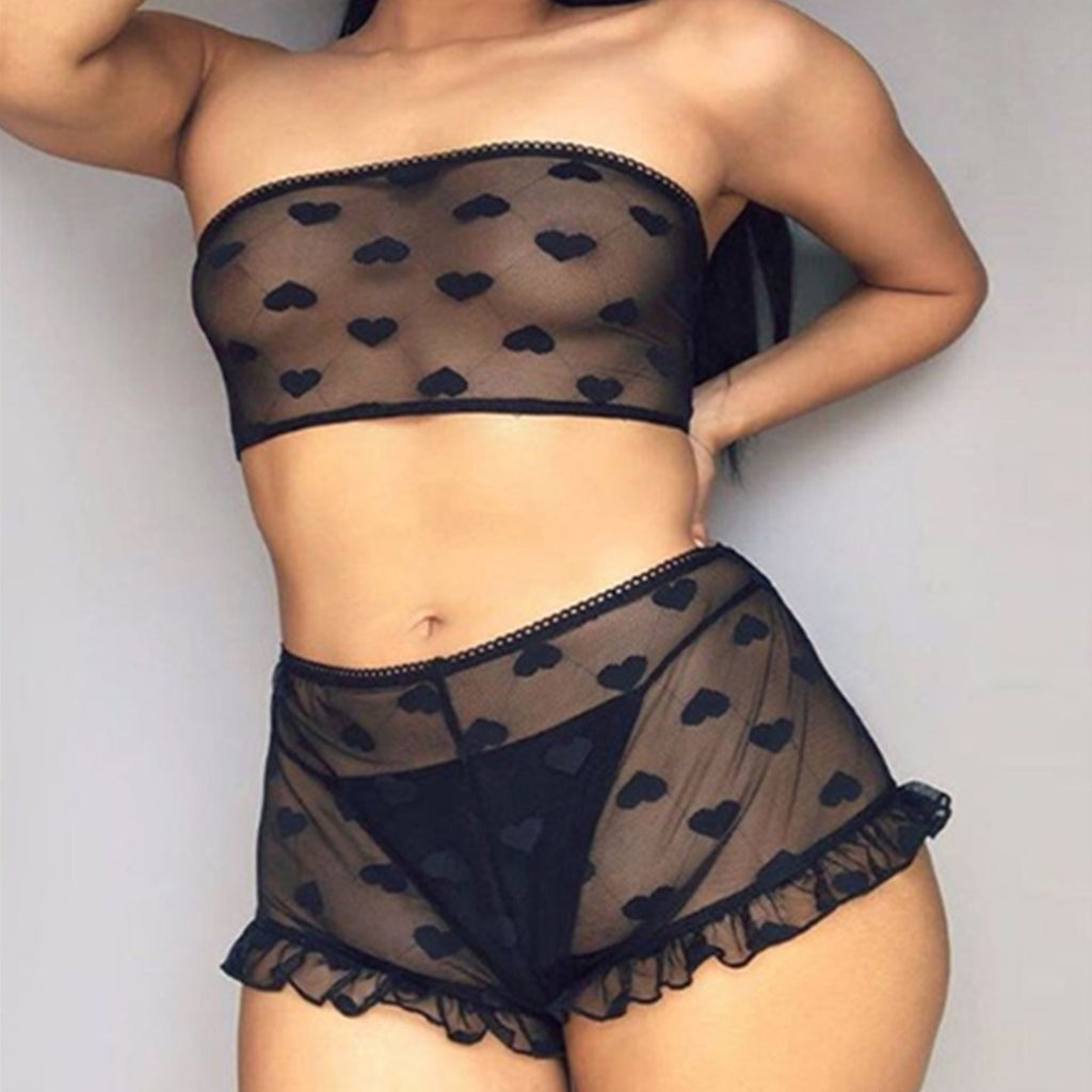 Women's Sheer Mesh Lingerie Set | Ruffle Lace Bra & Briefs