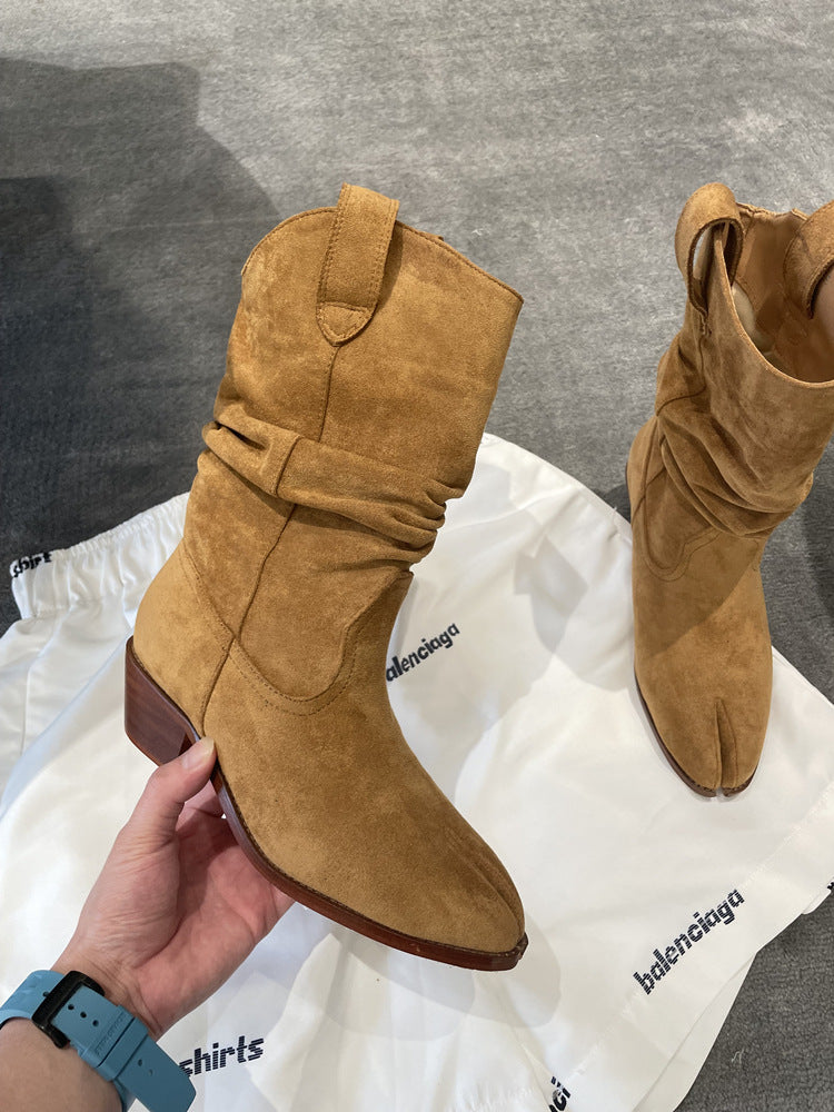 Women's Tabi Split-Toe Ankle Boots | Pleated Cowhide, Chunky Heel